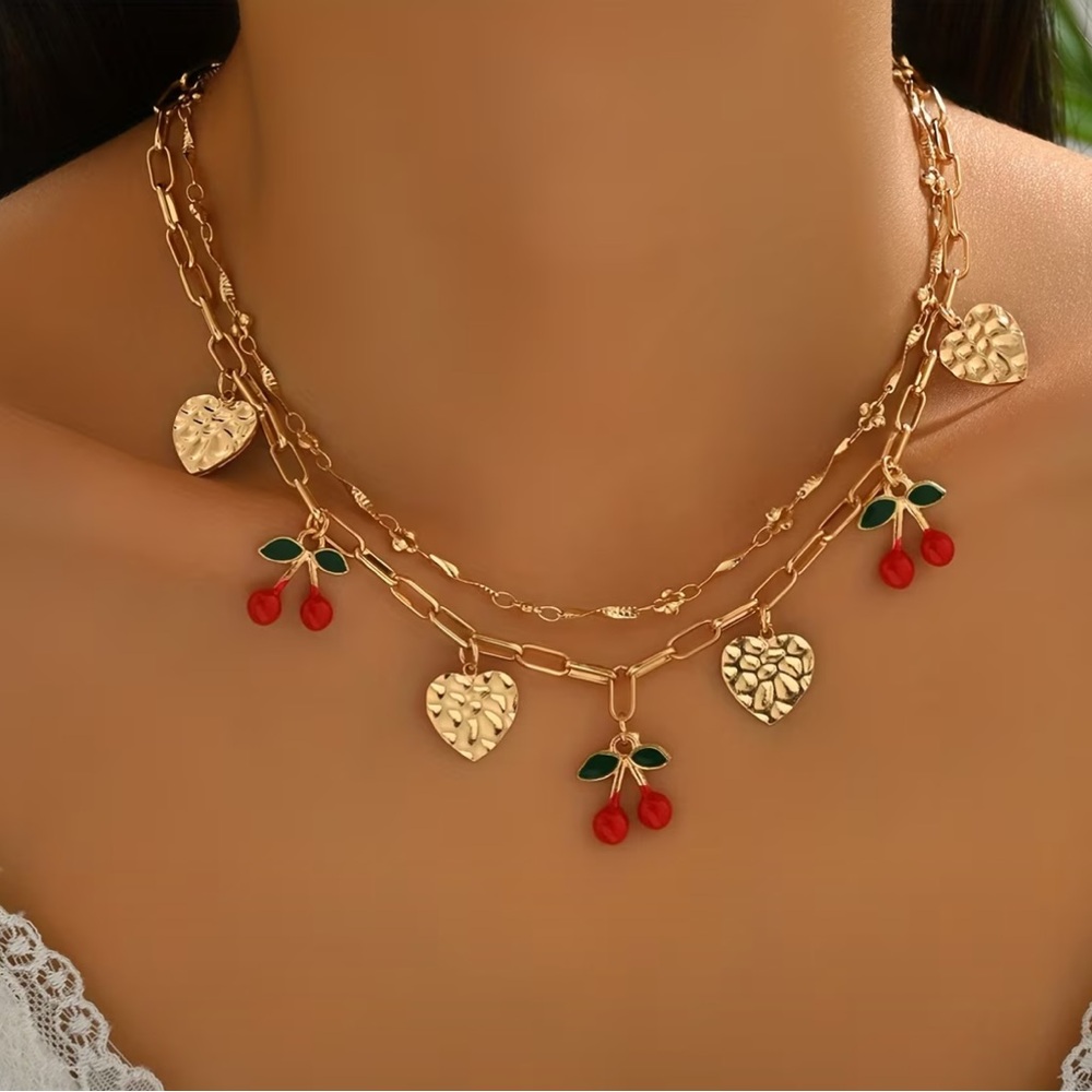 NEW Fruity Charm Cherry Strawberry Pendant Necklace with Gold Accents
